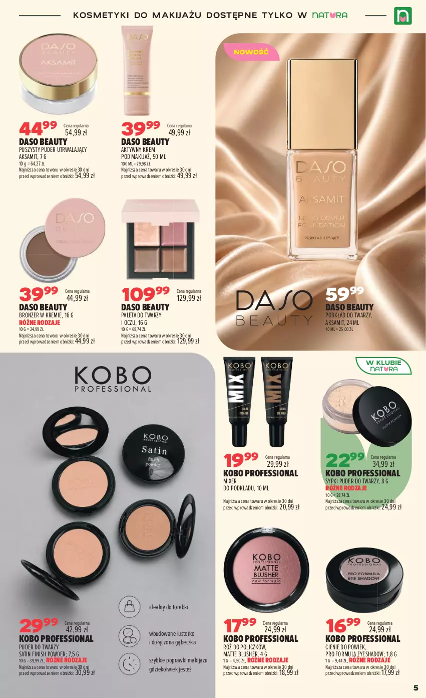 Gazetka promocyjna Drogerie Natura - Gazetka Drogerie Natura - ważna 25.08 do 07.09.2026 - strona 5 - produkty: Aksam, Bronzer, Finish, KOBO, Makijaż, Paleta, Podkład, Podkład do twarzy, Puder, Puder do twarzy, Róż do policzków, Sati