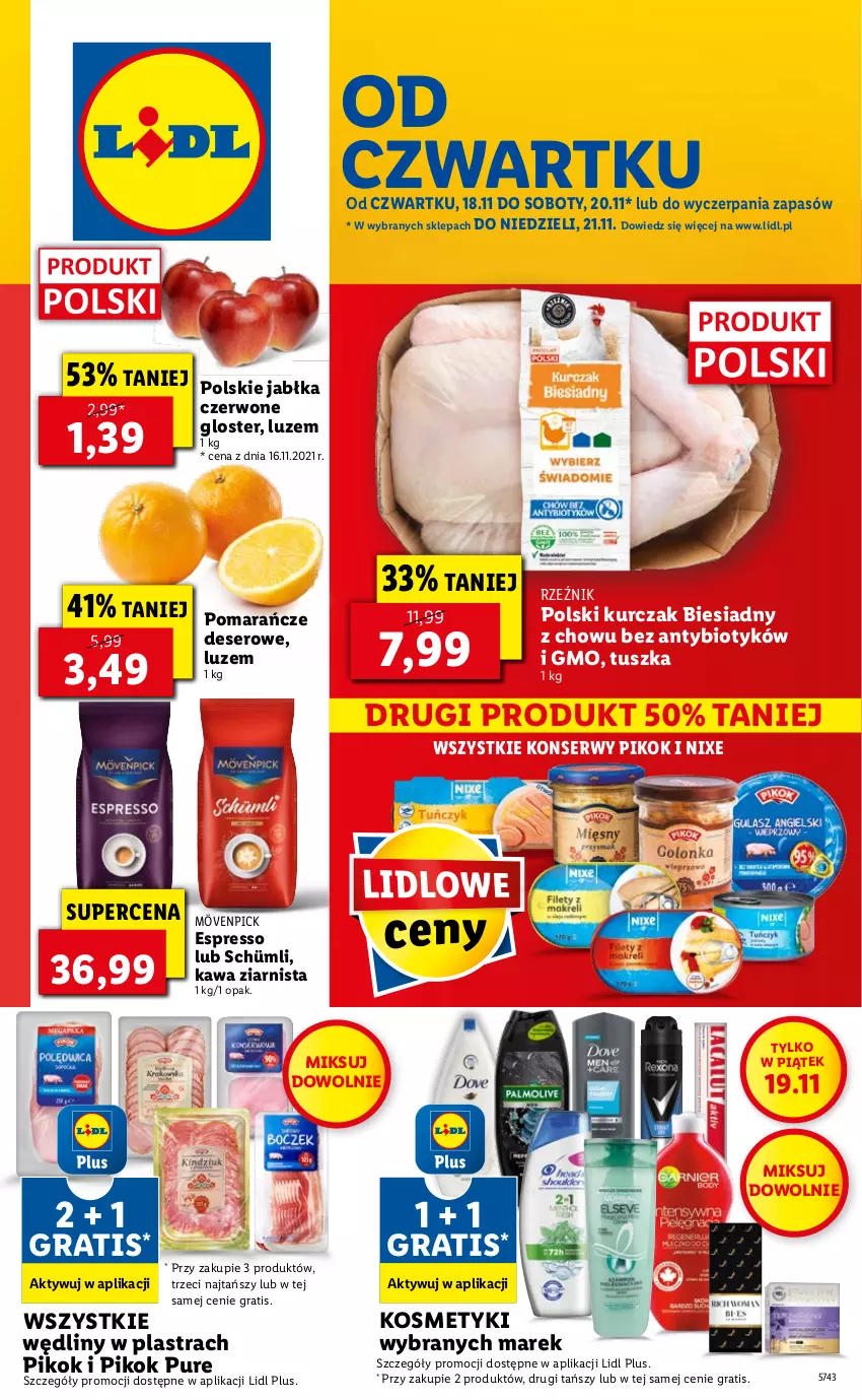 Gazetka promocyjna Lidl - GAZETKA OD 18.11 DO 21.11 - ważna 18.11 do 21.11.2021 - strona 1 - produkty: Deser, Gra, Jabłka, Kawa, Kawa ziarnista, Kurczak, PIKOK, Pomarańcze, Pur, Ser, Tusz