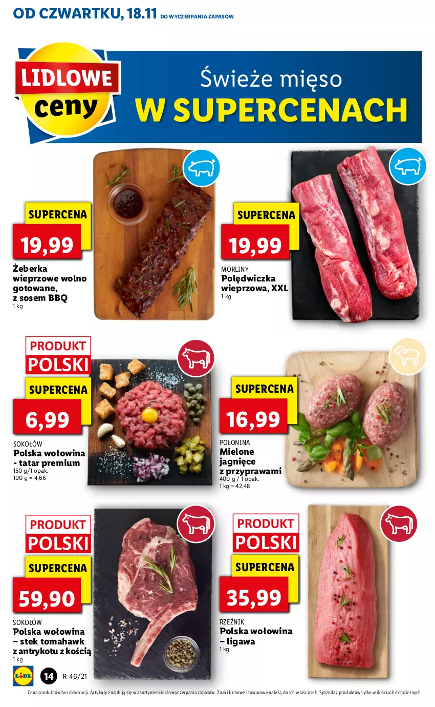 Gazetka promocyjna Lidl - GAZETKA OD 18.11 DO 21.11 - ważna 18.11 do 21.11.2021 - strona 14 - produkty: Mięso, Morliny, Polędwiczka wieprzowa, Sok, Sokołów, Sos, Stek, Wołowina