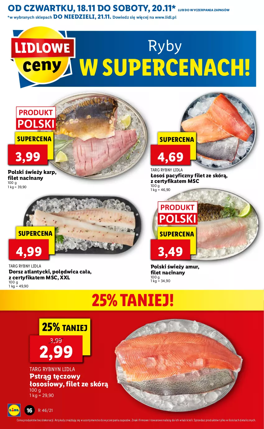 Gazetka promocyjna Lidl - GAZETKA OD 18.11 DO 21.11 - ważna 18.11 do 21.11.2021 - strona 16 - produkty: Dorsz, Karp, Polędwica, Pstrąg, Pstrąg tęczowy, Sos