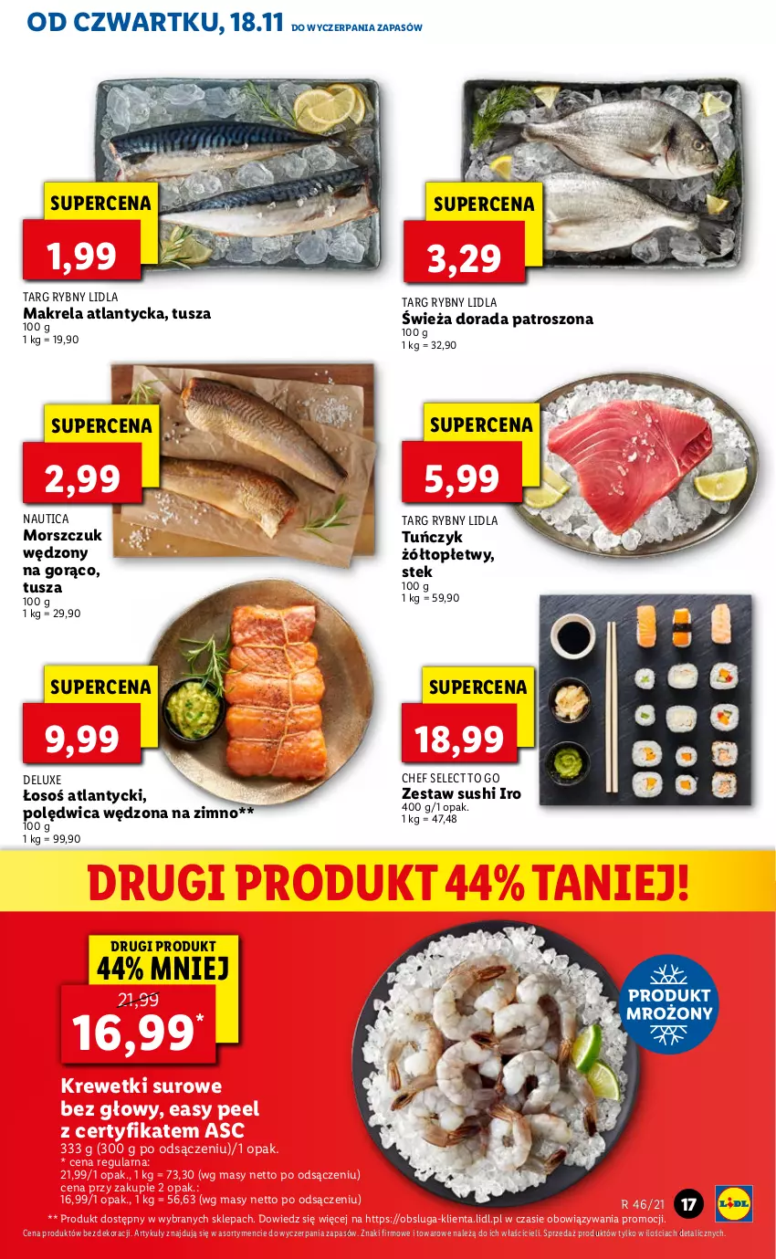 Gazetka promocyjna Lidl - GAZETKA OD 18.11 DO 21.11 - ważna 18.11 do 21.11.2021 - strona 17 - produkty: Krewetki, Polędwica, Stek, Sushi, Top, Tuńczyk, Tusz