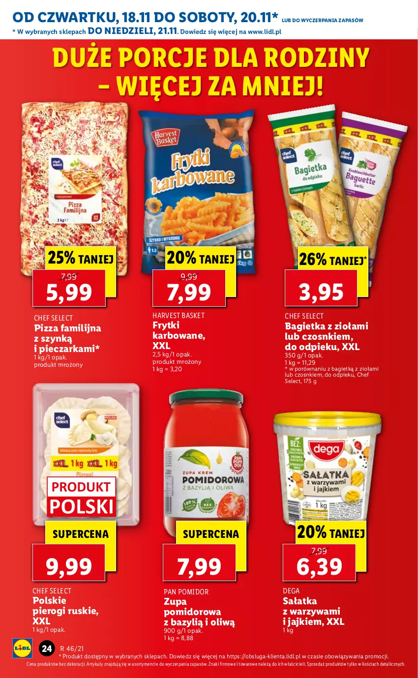 Gazetka promocyjna Lidl - GAZETKA OD 18.11 DO 21.11 - ważna 18.11 do 21.11.2021 - strona 24 - produkty: Bagietka, Bazyl, Dega, Fa, Frytki, Piec, Pieczarka, Pierogi, Pizza, Por, Sałat, Sałatka, Warzywa, Zupa, Zupa pomidorowa