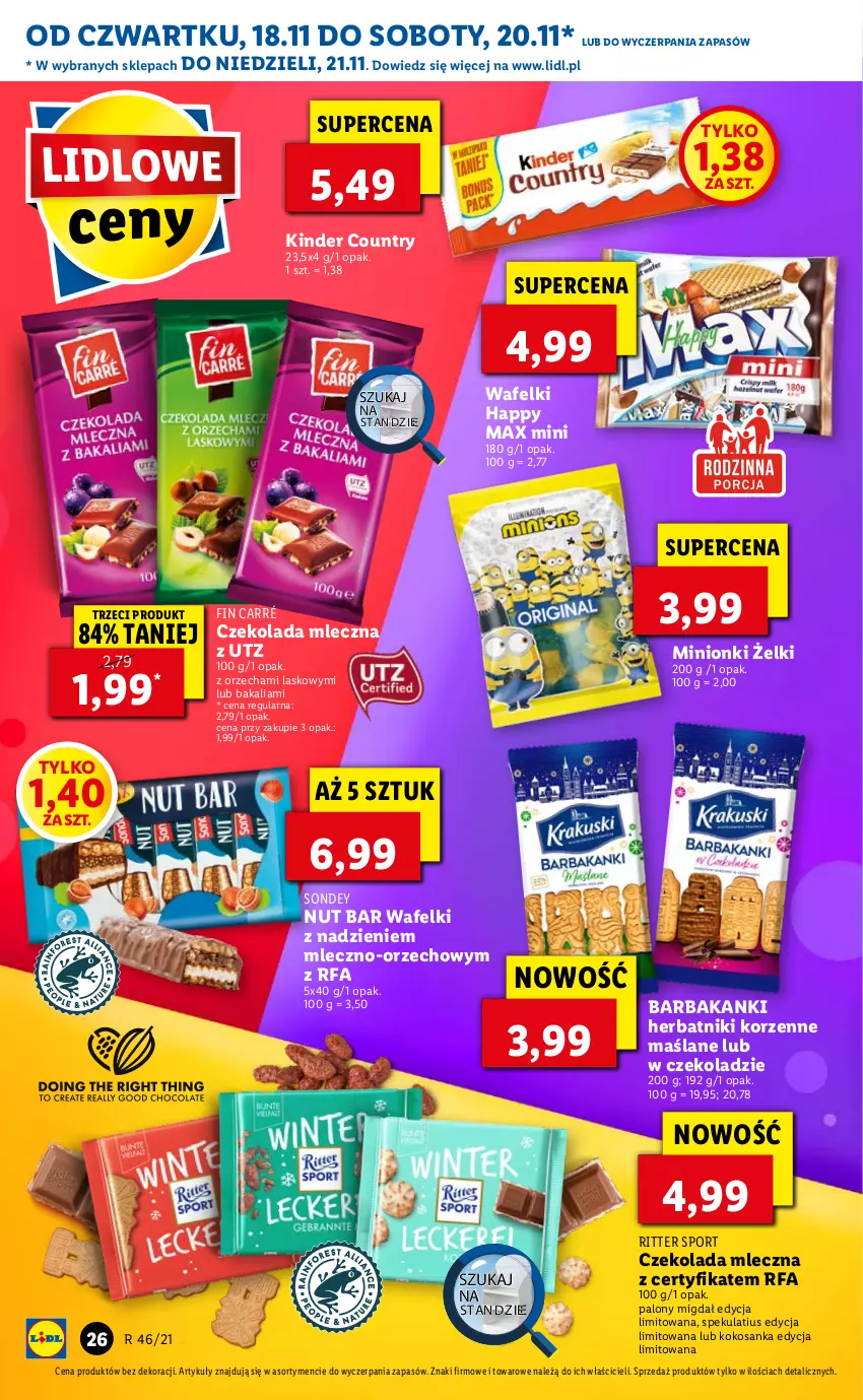 Gazetka promocyjna Lidl - GAZETKA OD 18.11 DO 21.11 - ważna 18.11 do 21.11.2021 - strona 26 - produkty: Czekolada, Czekolada mleczna, Fa, Herbatniki, Kinder, Kokos, Por, Ritter Sport, Sport