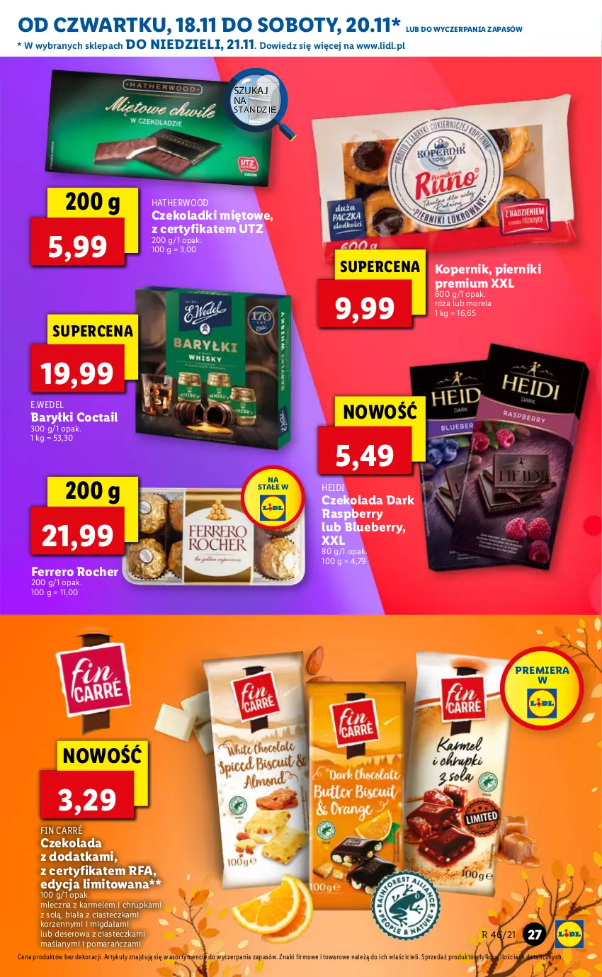 Gazetka promocyjna Lidl - GAZETKA OD 18.11 DO 21.11 - ważna 18.11 do 21.11.2021 - strona 27 - produkty: Baryłki, Czekolada, Deser, Fa, Ferrero, Ferrero Rocher, Morela, Piernik, Róża, Ser