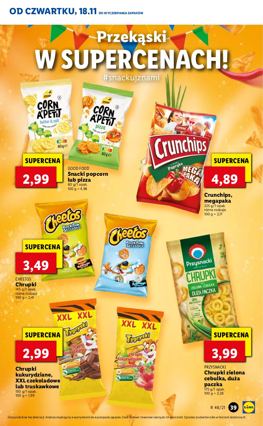 Gazetka promocyjna Lidl - GAZETKA OD 18.11 DO 21.11 - ważna 18.11 do 21.11.2021 - strona 39 - produkty: Cheetos, Chrupki, Crunchips, Pizza, Popcorn, Przysnacki