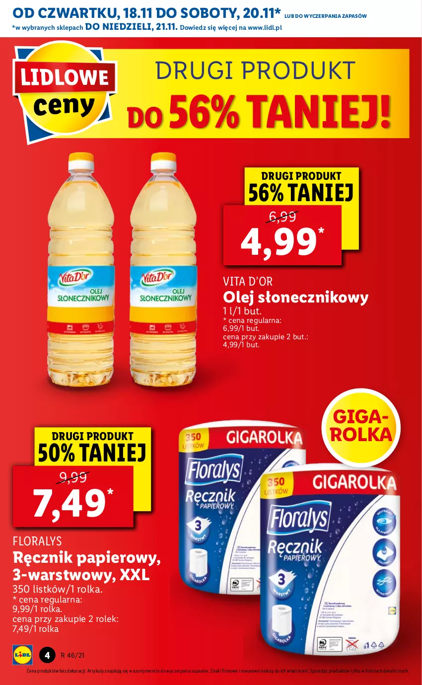 Gazetka promocyjna Lidl - GAZETKA OD 18.11 DO 21.11 - ważna 18.11 do 21.11.2021 - strona 4 - produkty: Flora, Olej, Olej słonecznikowy, Papier, Ręcznik