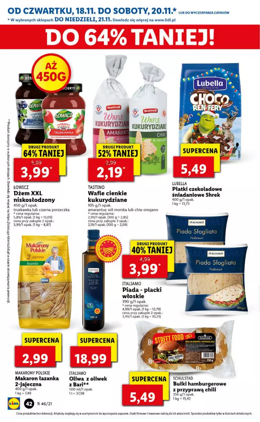 Gazetka promocyjna Lidl - GAZETKA OD 18.11 DO 21.11 - ważna 18.11 do 21.11.2021 - strona 42 - produkty: Bell, Bella, Burger, Chia, Danio, Dżem, Hamburger, Lack, LG, Lubella, Makaron, Oliwa z oliwek, Por, Sól, Wafle