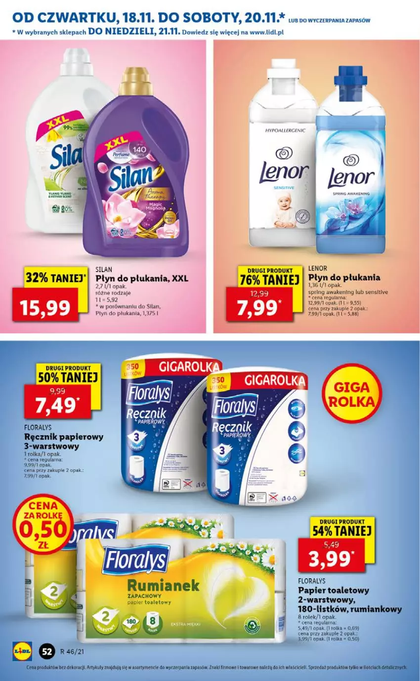 Gazetka promocyjna Lidl - GAZETKA OD 18.11 DO 21.11 - ważna 18.11 do 21.11.2021 - strona 52 - produkty: Flora, Lenor, Papier, Papier toaletowy, Płyn do płukania, Por, Ręcznik, Rum, Silan