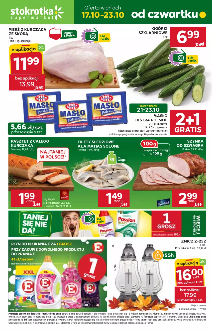 Gazetka promocyjna Stokrotka - Supermarket - ważna 17.10 do 23.10.2024 - strona 1 - produkty: Gra, HP, Kurczak, Masło, Pasztet, Płyn do płukania, Sos, Szynka, Znicz