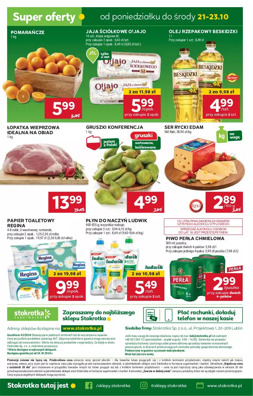 Gazetka promocyjna Stokrotka - Supermarket - ważna 17.10 do 23.10.2024 - strona 31 - produkty: Beskidzki, Dres, Edam, Gin, Gra, Gruszki, HP, Jaja, JBL, Ludwik, Olej, Olej rzepakowy, Papier, Papier toaletowy, Perła, Piwa, Piwo, Pomarańcze, Rycki Edam, Ser, Telefon