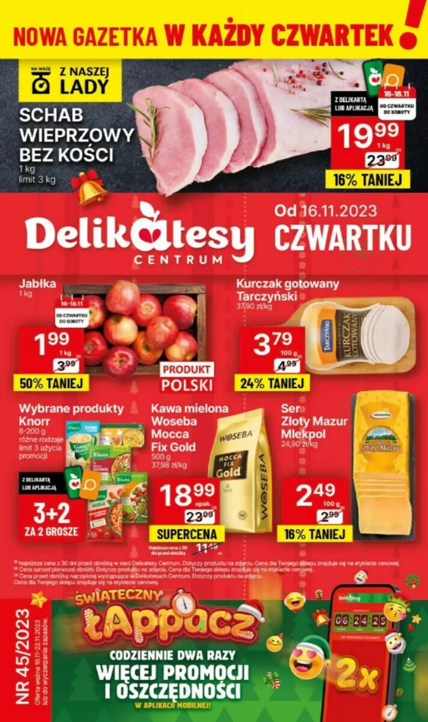 Gazetka promocyjna Delikatesy Centrum - ważna 16.11 do 22.11.2023 - strona 1 - produkty: HP, Jabłka, Kawa, Kawa mielona, Kurczak, Kurczak gotowany, Mobil, Rum, Woseba, Złoty Mazur