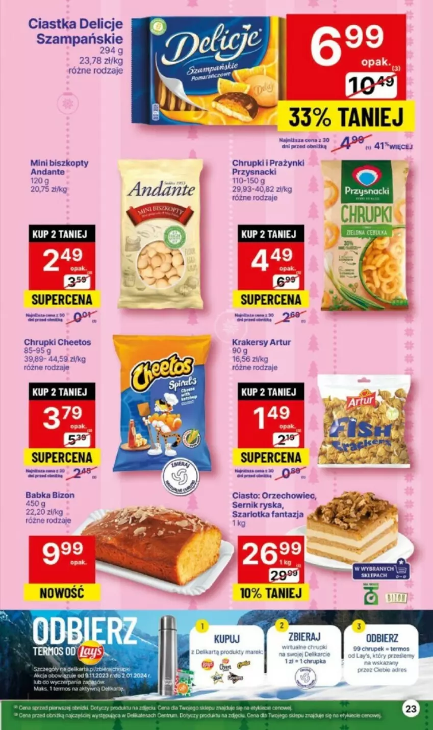 Gazetka promocyjna Delikatesy Centrum - ważna 16.11 do 22.11.2023 - strona 16 - produkty: Artur, Babka, Biszkopty, Cheetos, Chrupki, Ciastka, Delicje, Fa, Fanta, Krakersy, Przysnacki, Ser, Szarlotka, Termos