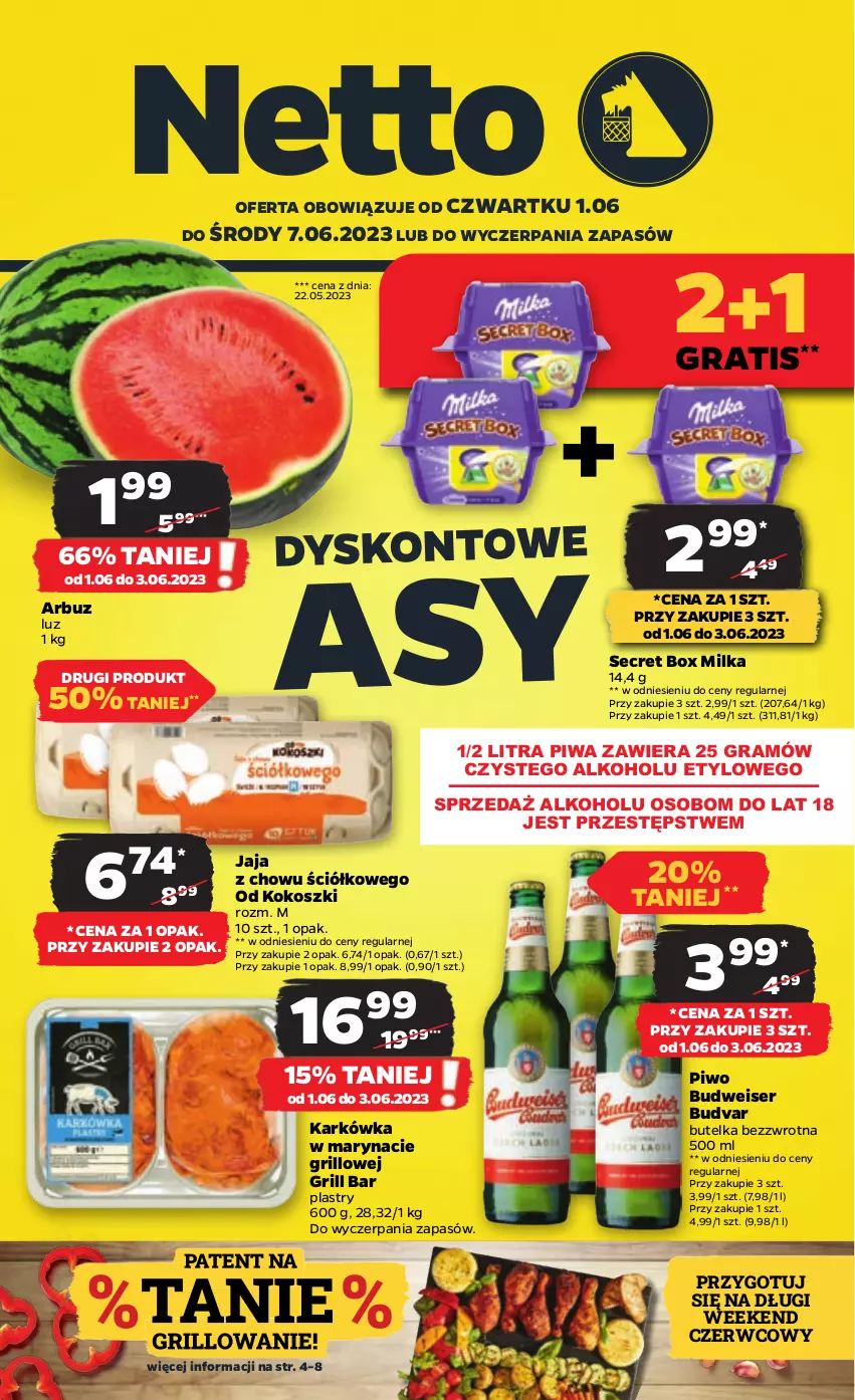 Gazetka promocyjna Netto - Artykuły spożywcze - ważna 01.06 do 07.06.2023 - strona 1 - produkty: Arbuz, Gra, Grill, Jaja, Kokos, Kosz, Milka, Piwa, Piwo, Ser