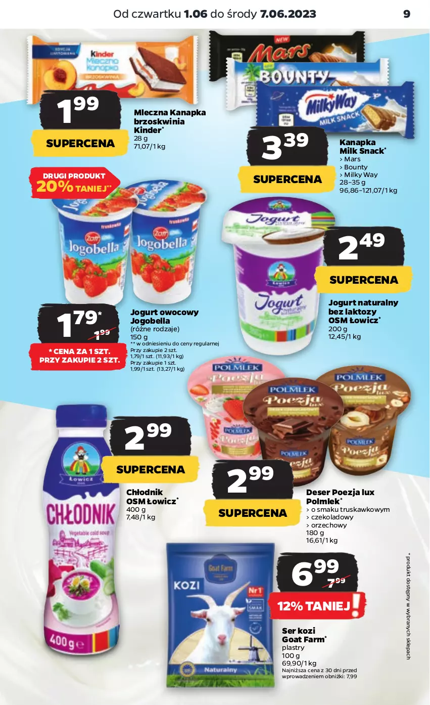 Gazetka promocyjna Netto - Artykuły spożywcze - ważna 01.06 do 07.06.2023 - strona 9 - produkty: Bell, Bella, Bounty, Deser, Fa, Jogobella, Jogurt, Jogurt naturalny, Jogurt owocowy, Kinder, Mars, Milky Way, Mleczna kanapka, POLMLEK, Ser, Ser kozi