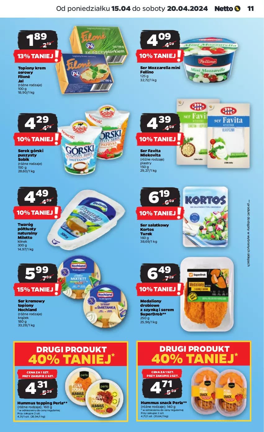 Gazetka promocyjna Netto - Artykuły spożywcze - ważna 15.04 do 20.04.2024 - strona 11 - produkty: Fa, Favita, Hochland, Hummus, Lion, Mleko, Mlekovita, Mozzarella, Mus, Sałat, Ser, Serek, Top, Twaróg, Twaróg półtłusty