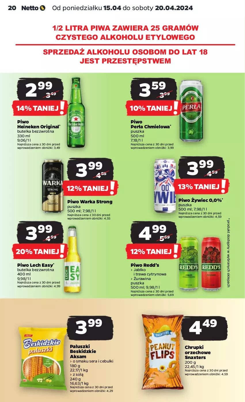 Gazetka promocyjna Netto - Artykuły spożywcze - ważna 15.04 do 20.04.2024 - strona 20 - produkty: Aksam, Beskidzki, Chrupki, Gin, Gra, Heineken, Perła, Piwa, Piwo, Ser, Warka