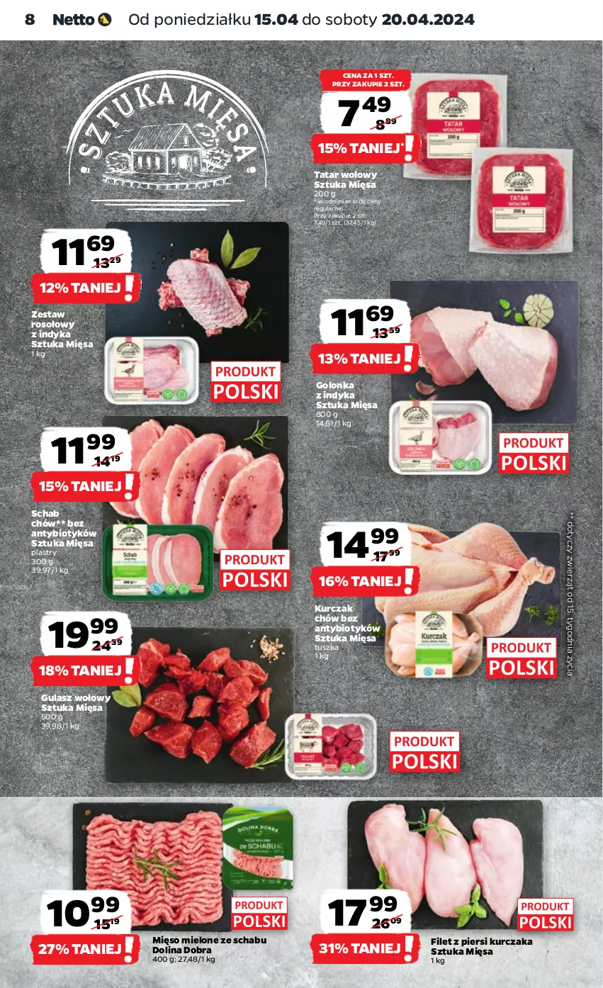 Gazetka promocyjna Netto - Artykuły spożywcze - ważna 15.04 do 20.04.2024 - strona 8 - produkty: Filet z piersi kurczaka, Golonka z indyka, Gulasz wołowy, Kurczak, Mięso, Mięso mielone, Tatar wołowy, Tusz