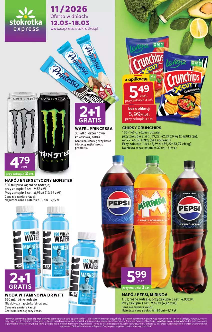 Gazetka promocyjna Stokrotka - Stokrotka Express - ważna 12.03 do 18.03.2026 - strona 1 - produkty: Chipsy, Crunchips, Gra, Kokos, Mars, Mięso, Mirinda, Napój, Pepsi, Princessa, Warzywa, Woda