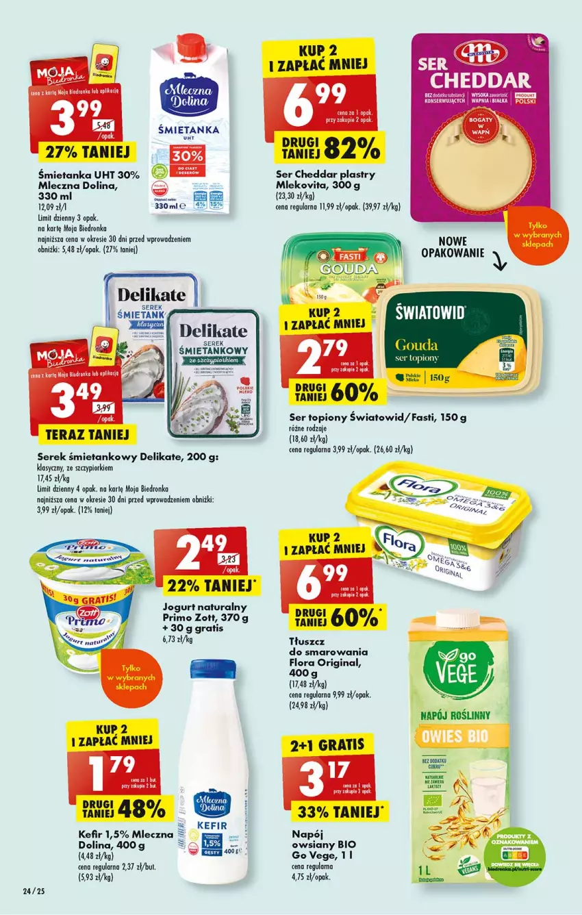 Gazetka promocyjna Biedronka - Od poniedzialku - ważna 03.07 do 08.07.2023 - strona 24 - produkty: Cheddar, Dron, Fa, Flora, Gin, Gouda, Gra, Jogurt, Jogurt naturalny, Kefir, Mleko, Napój, Napój roślinny, Ser, Ser topiony, Serek, Sok, Tera, Top, Zott