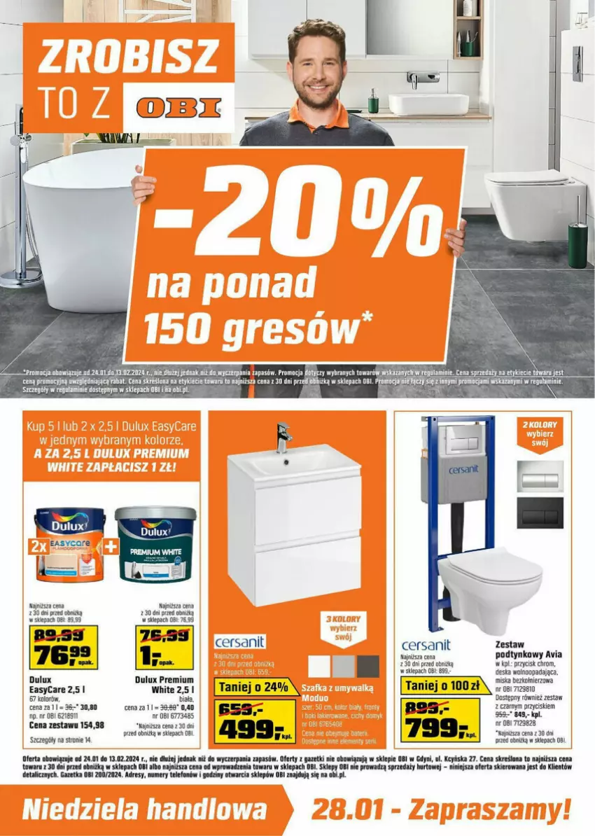 Gazetka promocyjna Obi - ważna 24.01 do 13.02.2024 - strona 1 - produkty: Cersanit, Deska wolnoopadająca, Dres, Dulux, Fa, Telefon