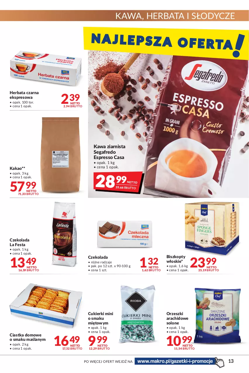 Gazetka promocyjna Makro - [Oferta promocyjna] Artykuły spożywcze i przemysłowe - ważna 27.12.2021 do 05.01.2022 - strona 13 - produkty: Biszkopty, Ciastka, Cukier, Cukierki, Czekolada, Herbata, Herbata czarna, Kakao, Kawa, Kawa ziarnista, Orzeszki, Segafredo