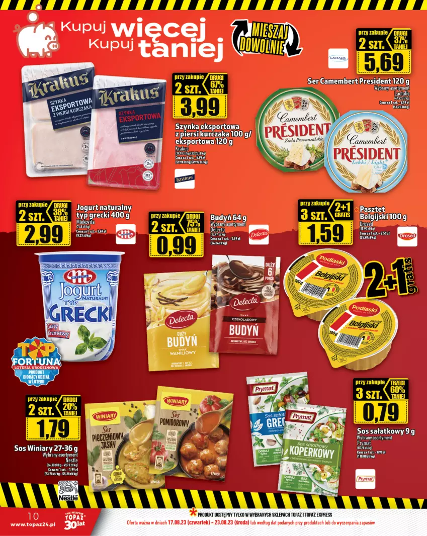 Gazetka promocyjna Topaz - Gazetka - ważna 17.08 do 23.08.2023 - strona 10 - produkty: Budyń, Camembert, Gra, Jogurt, Jogurt naturalny, Krakus, Kurczak, LG, Pasztet, Por, Prymat, Sałat, Ser, Sos, Sport, Szynka, Top, Winiary