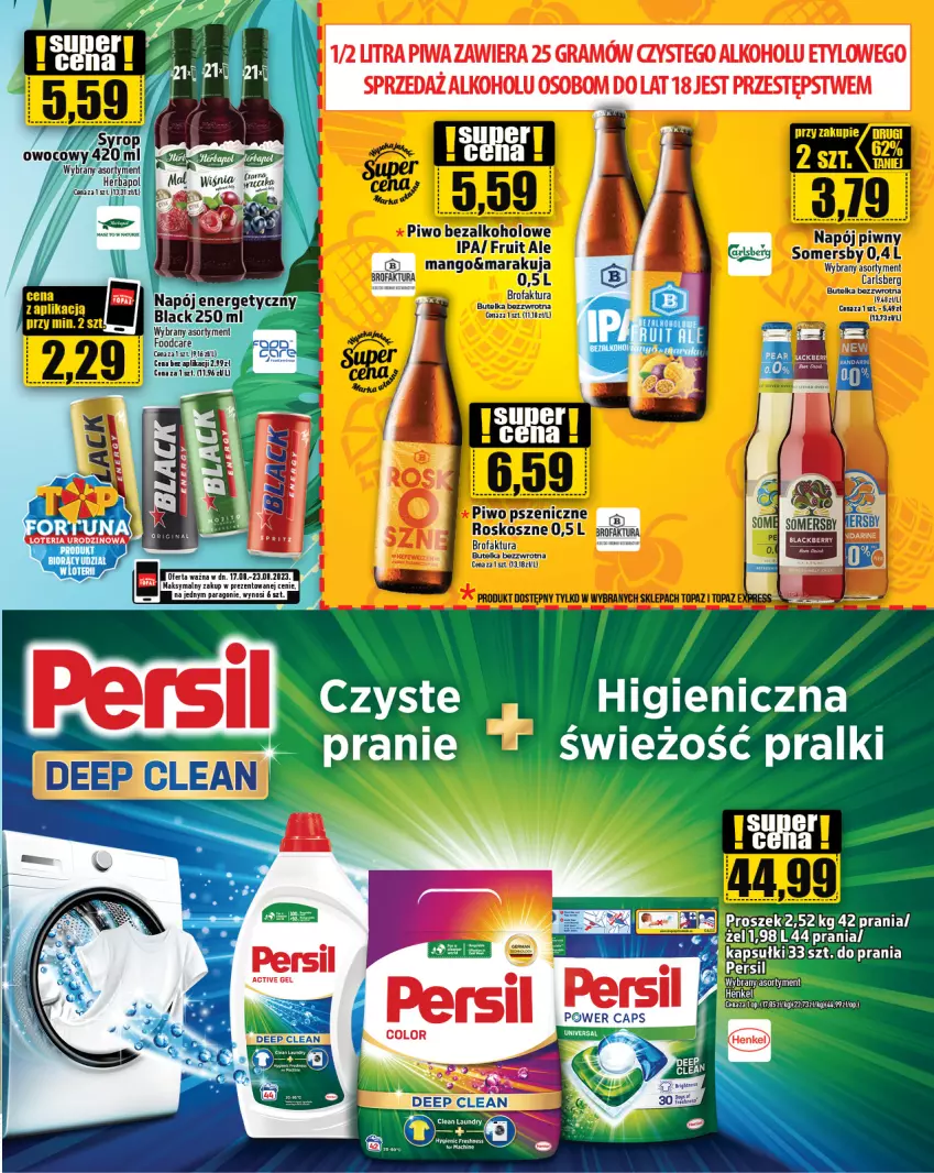 Gazetka promocyjna Topaz - Gazetka - ważna 17.08 do 23.08.2023 - strona 21 - produkty: Carlsberg, Gra, Herbapol, Kosz, Lack, Mango, Napój, Napój energetyczny, Persil, Piwa, Piwo, Pralki, Somersby, Syrop