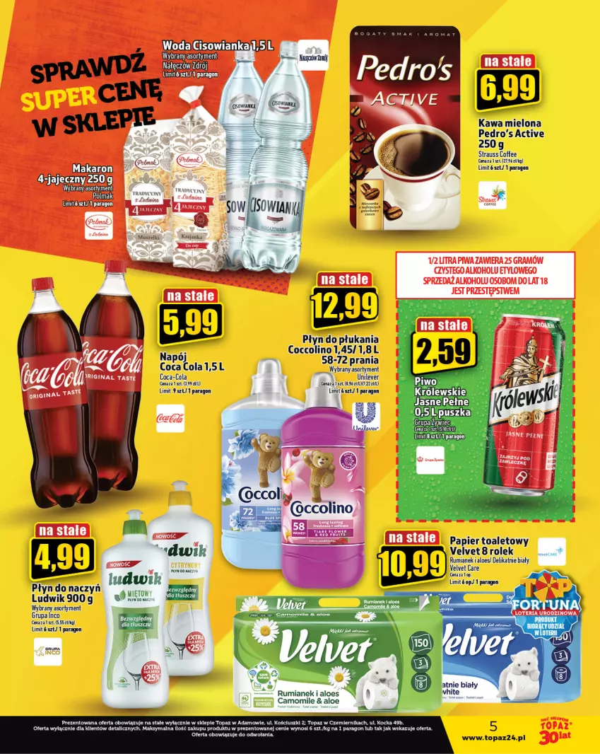 Gazetka promocyjna Topaz - Gazetka - ważna 17.08 do 23.08.2023 - strona 5 - produkty: Cisowianka, Kawa, Kawa mielona, Koc, Ludwik, Mus, Papier, Papier toaletowy, Płyn do płukania, Rum, Top, Velvet, Woda