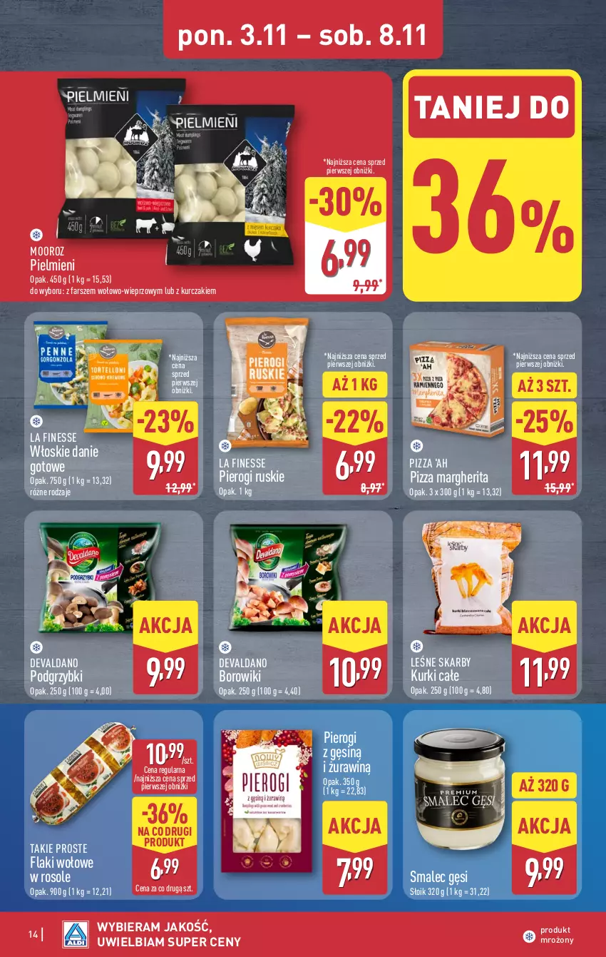 Gazetka promocyjna Aldi - Pełna oferta - ważna 03.11 do 08.11.2025 - strona 14 - produkty: Borowiki, Danie gotowe, Fa, Flaki, Flaki wołowe, Kurczak, Pierogi, Pizza, Pizza margherita, Podgrzybki, Smalec