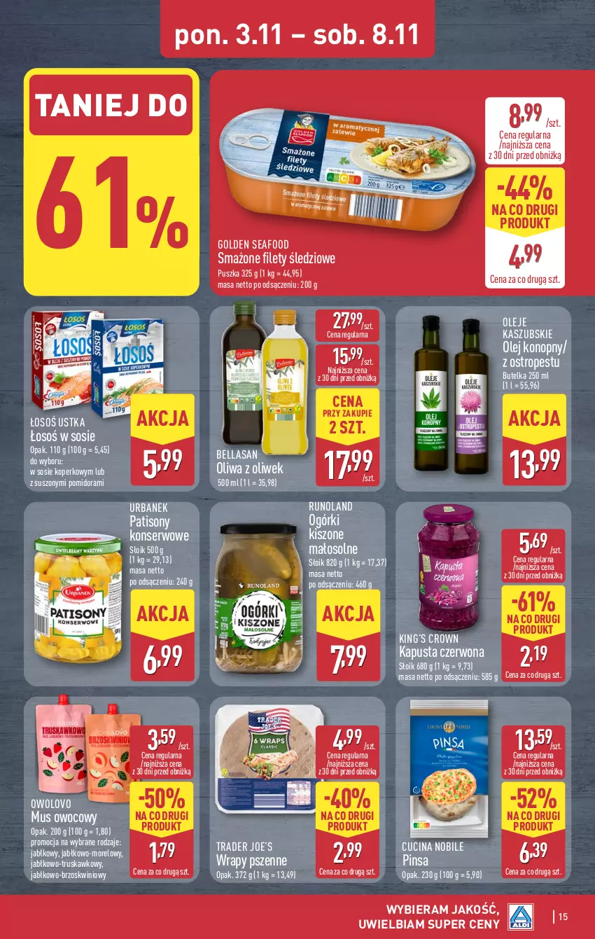 Gazetka promocyjna Aldi - Pełna oferta - ważna 03.11 do 08.11.2025 - strona 15 - produkty: Bell, Bella, Golden Seafood, King’s Crown, Mus, Olej, Oliwa z oliwek, Ostropes, Runoland, Ser, Sony, Sos