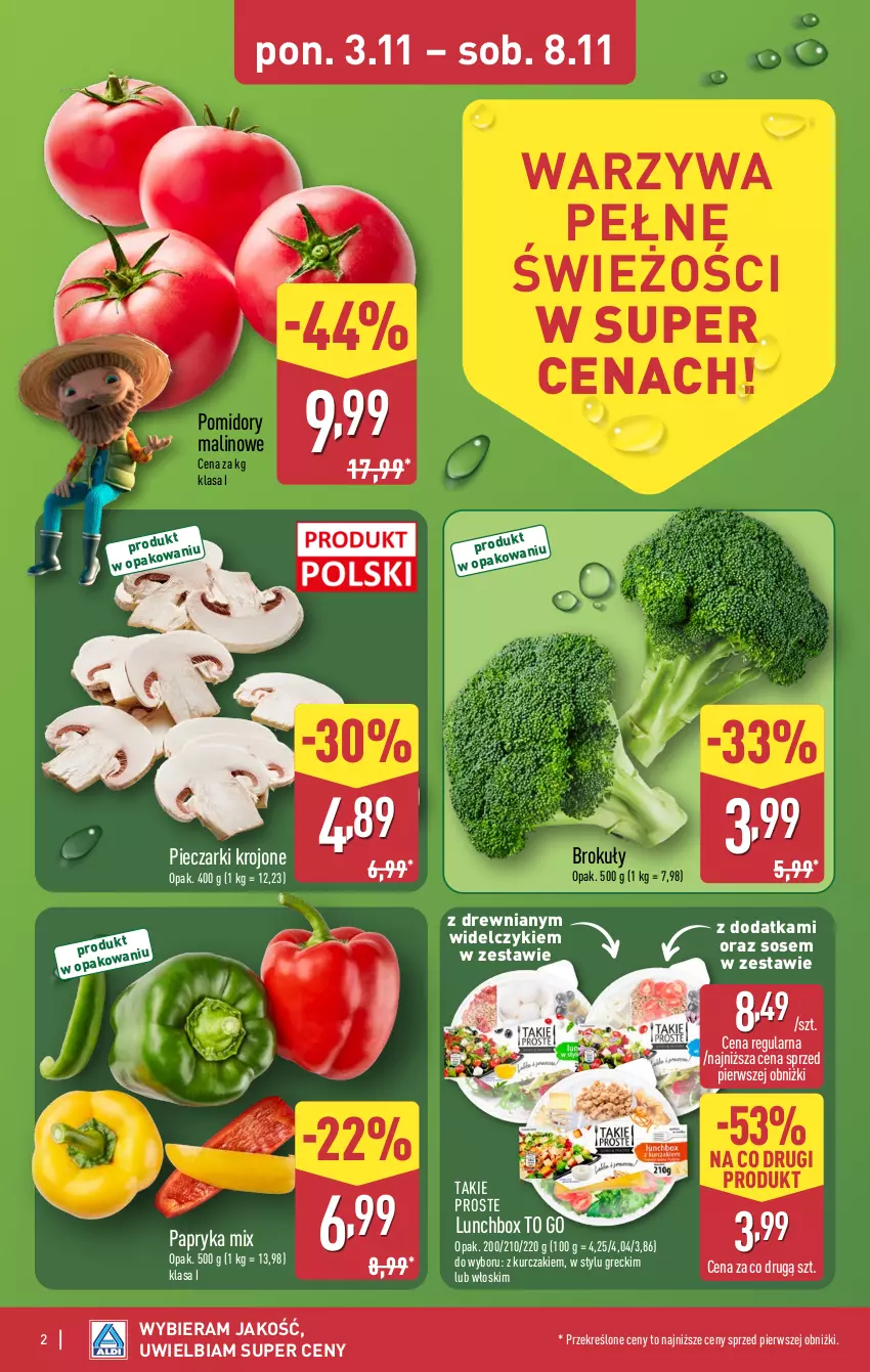 Gazetka promocyjna Aldi - Pełna oferta - ważna 03.11 do 08.11.2025 - strona 2 - produkty: Brokuły, Kurczak, Papryka, Piec, Pieczarki krojone, Pomidory, Sos, Warzywa