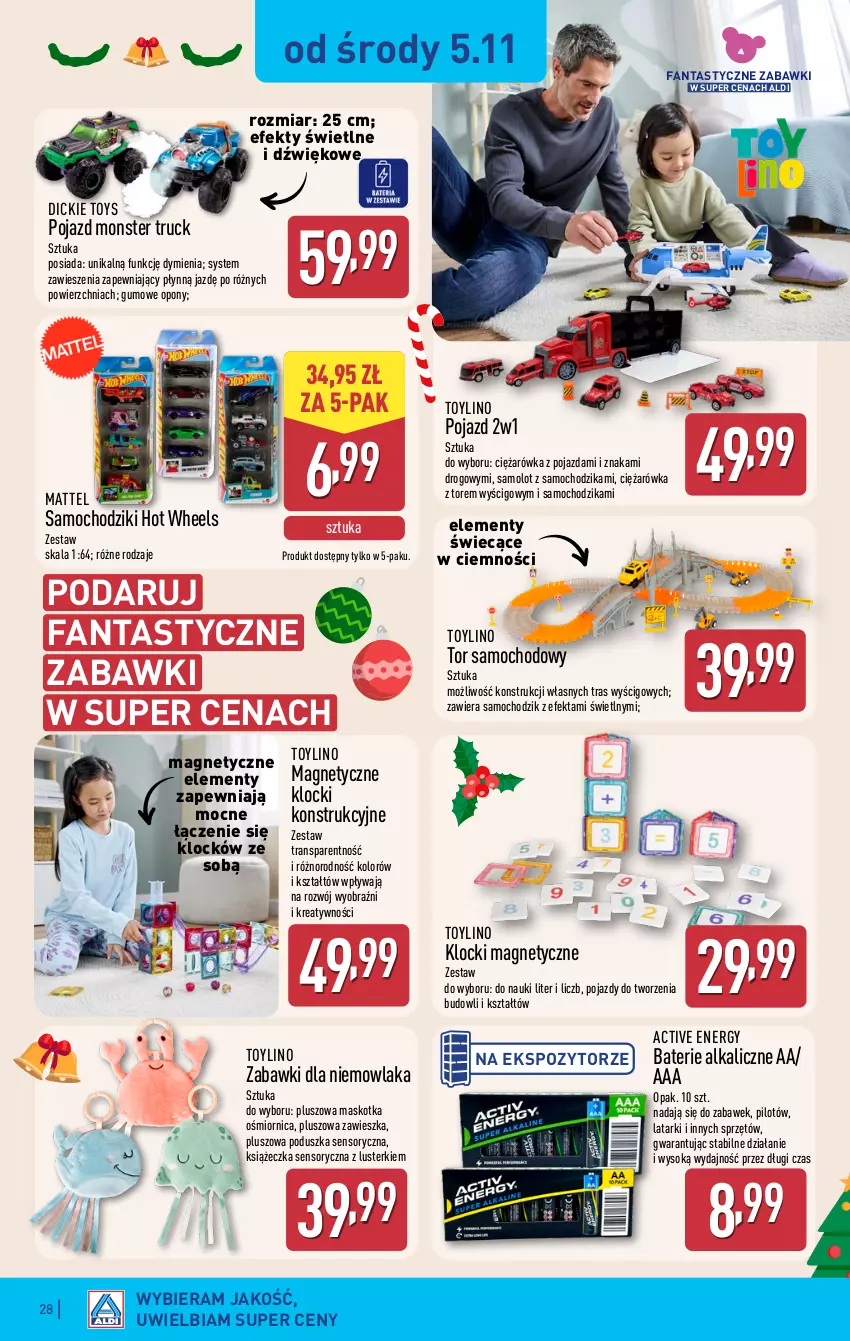 Gazetka promocyjna Aldi - Pełna oferta - ważna 03.11 do 08.11.2025 - strona 28 - produkty: Amol, Baterie alkaliczne, Chodzik, Fa, Fanta, Hot Wheels, Klocki, Mattel, Monster truck, Opony, Poduszka, Pojazd, Samochodziki, Samolot, Sok, Tran