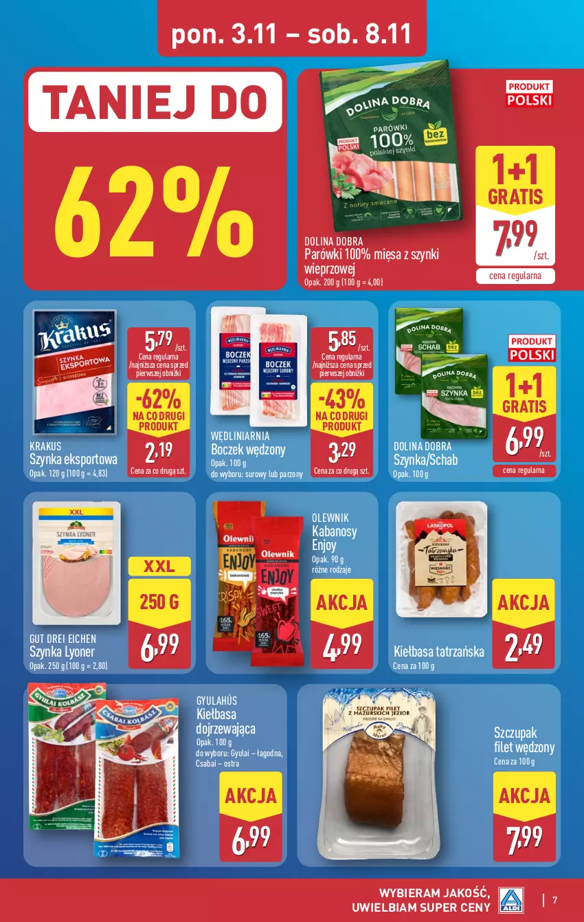 Gazetka promocyjna Aldi - Pełna oferta - ważna 03.11 do 08.11.2025 - strona 7 - produkty: Boczek, Gra, Kabanos, Kiełbasa, Krakus, Olewnik, Parówki, Por, Sport, Szynka, Zupa