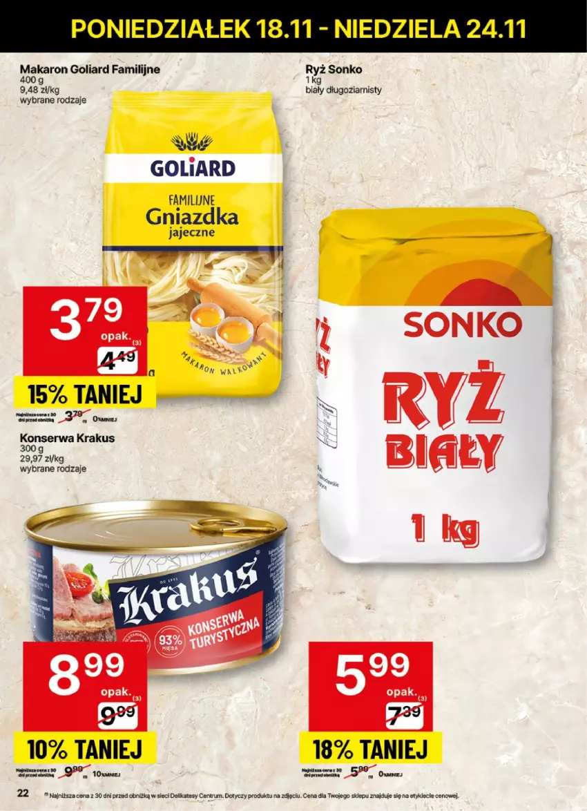 Gazetka promocyjna Delikatesy Centrum - NOWA GAZETKA Delikatesy Centrum od 18 listopada! 18-24.11.2024 - ważna 18.11 do 24.11.2024 - strona 22 - produkty: Fa, Goliard, Krakus, Makaron, Rum, Ryż, Ser, Sonko