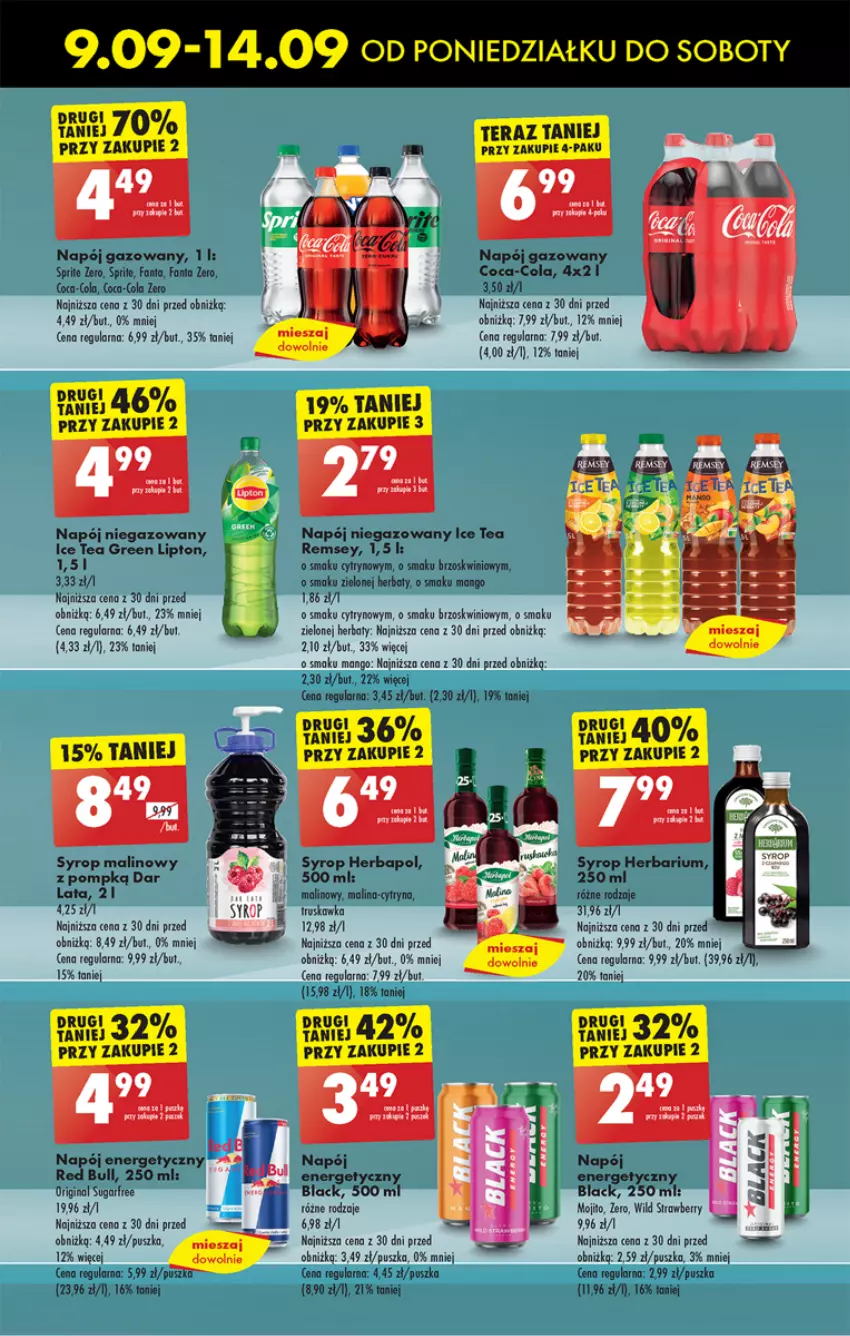 Gazetka promocyjna Biedronka - Od poniedzialku - ważna 09.09 do 14.09.2024 - strona 55 - produkty: Brzoskwinie, Coca-Cola, Fa, Fanta, Gin, Herbapol, Lack, Lipton, Mango, Napój, Napój energetyczny, Napój gazowany, Napój niegazowany, Red Bull, Syrop, Tera