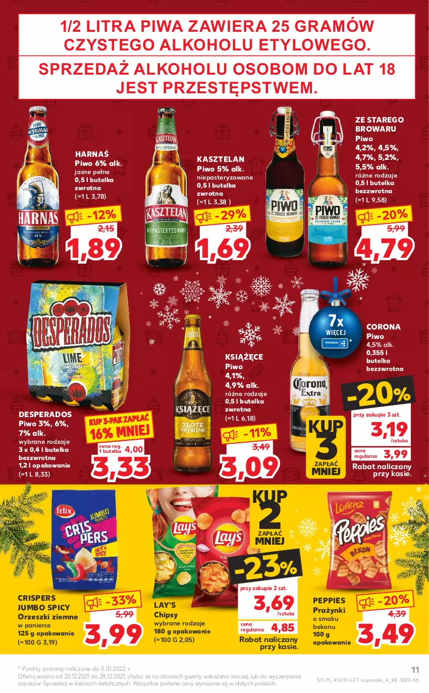 Gazetka promocyjna Kaufland - OFERTA TYGODNIA - ważna 22.12 do 28.12.2021 - strona 11 - produkty: Beko, Chipsy, Desperados, Gra, Harnaś, Kasztelan, Książęce, Orzeszki, Orzeszki ziemne, Piwa, Piwo