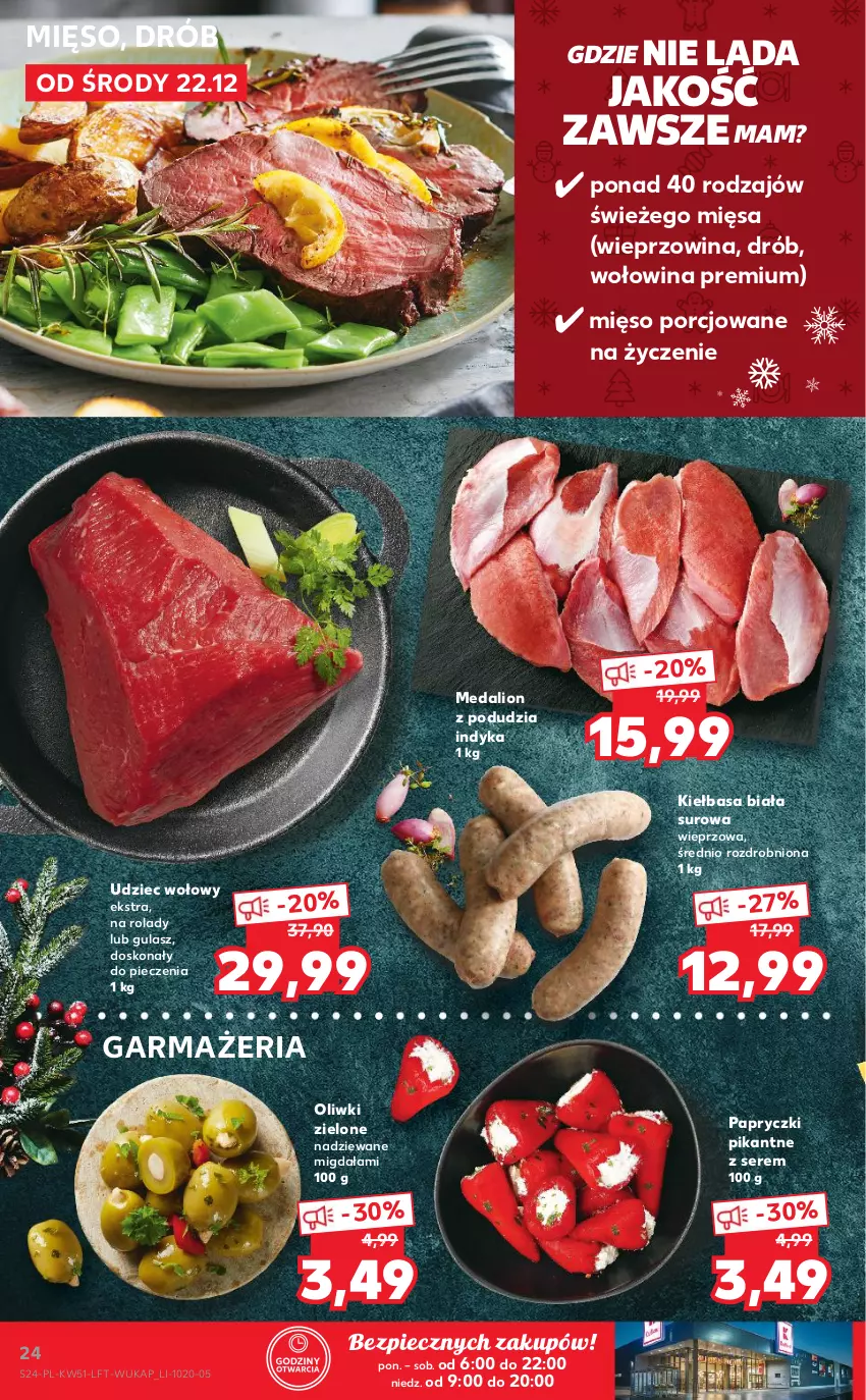 Gazetka promocyjna Kaufland - OFERTA TYGODNIA - ważna 22.12 do 28.12.2021 - strona 24 - produkty: Drób, Kiełbasa, Kiełbasa biała, Lion, Mięso, Oliwki, Oliwki zielone, Papryczki pikantne, Piec, Por, Ser, Udziec wołowy, Wieprzowina, Wołowina