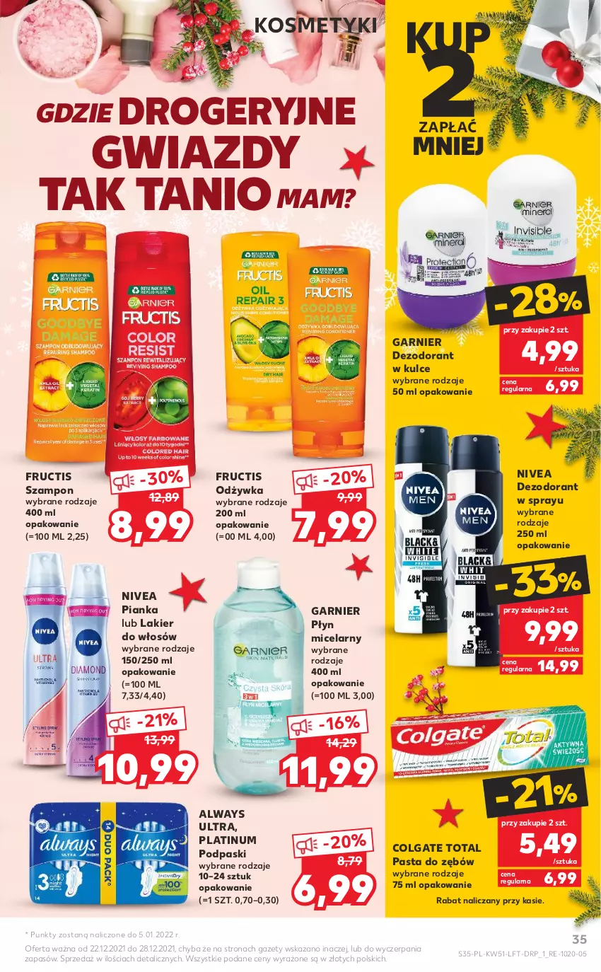 Gazetka promocyjna Kaufland - OFERTA TYGODNIA - ważna 22.12 do 28.12.2021 - strona 35 - produkty: Always, Always Ultra, Colgate, Colgate Total, Dezodorant, Fructis, Garnier, Lakier, Lakier do włosów, LG, Nivea, Odżywka, Pasta do zębów, Płyn micelarny, Podpaski, Szampon