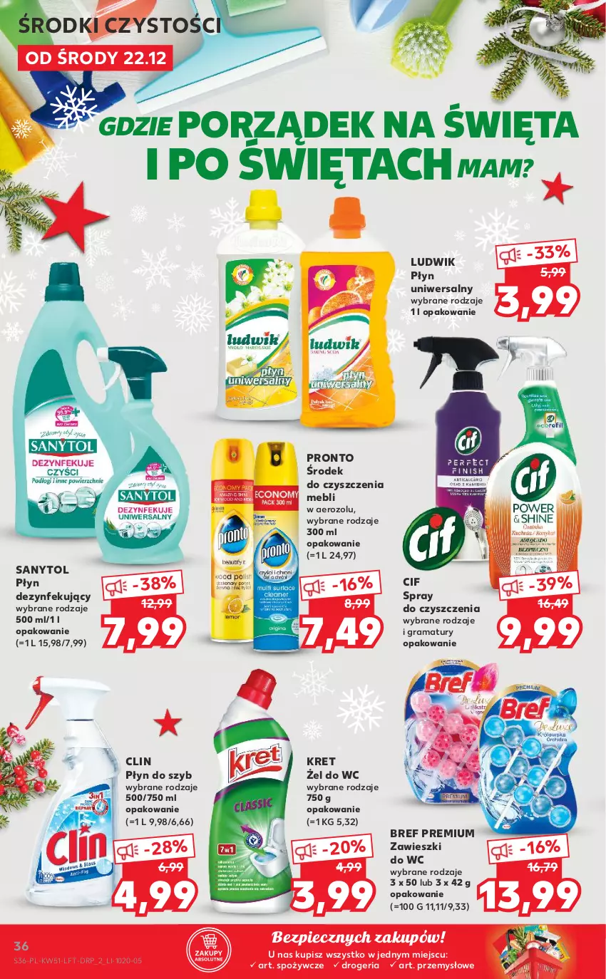 Gazetka promocyjna Kaufland - OFERTA TYGODNIA - ważna 22.12 do 28.12.2021 - strona 36 - produkty: Bref, Cif, Clin, Gra, Kret, Ludwik, Piec, Płyn do szyb, Por, Pronto, Rama, Sanytol, Spray do czyszczenia, Zawieszki