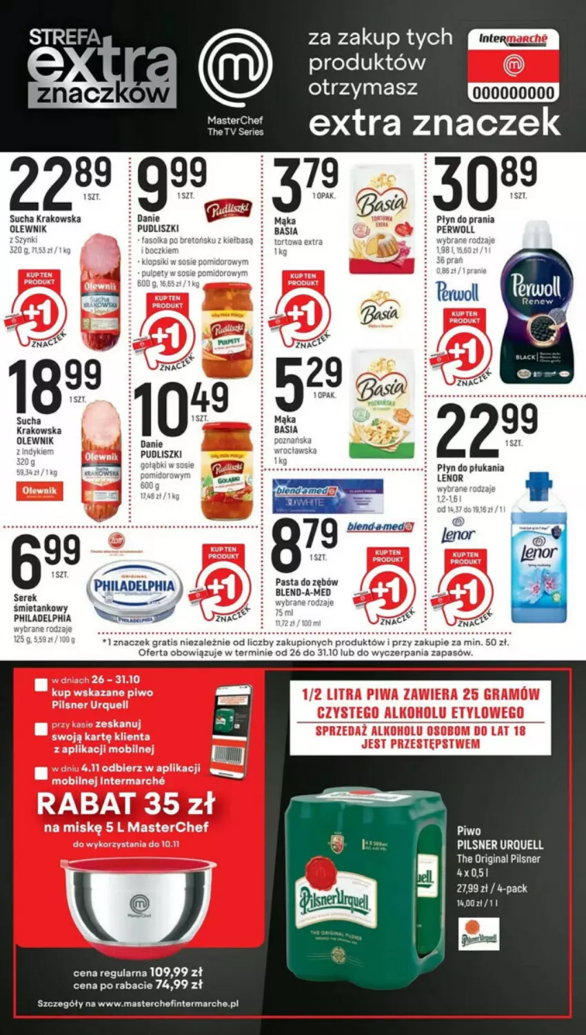 Gazetka promocyjna Intermarche - ważna 26.10 do 31.10.2023 - strona 3 - produkty: Basia, Blend-a-Med, Fa, Gin, Gra, Klopsiki, Lenor, Mąka, Olewnik, Pasta do zębów, Philadelphia, Płyn do płukania, Płyn do prania, Pudliszki, Pulpety, Ser, Serek