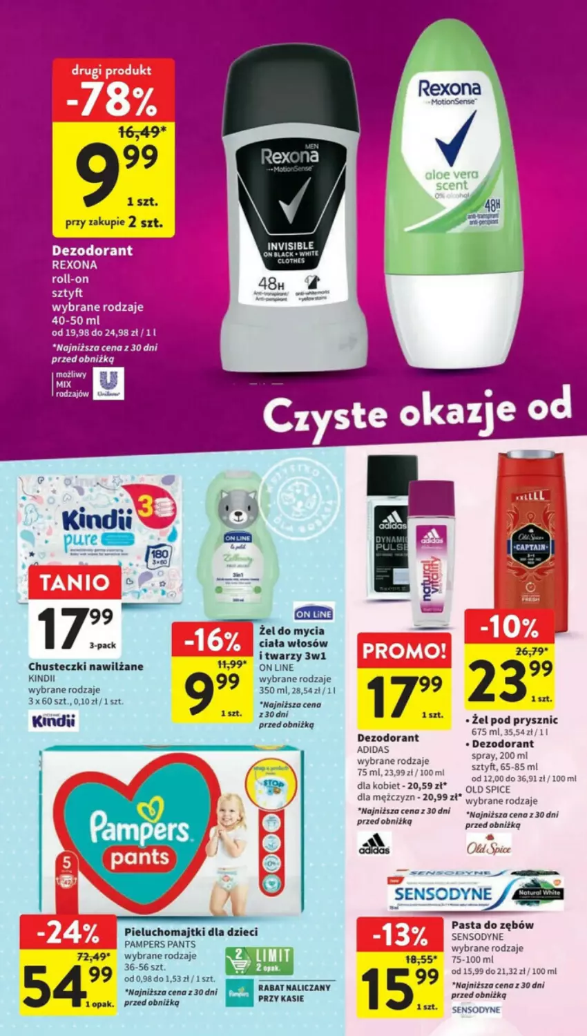 Gazetka promocyjna Intermarche - ważna 26.10 do 31.10.2023 - strona 30 - produkty: Adidas, Chusteczki, Dezodorant, Dzieci, Fa, Kindii, Majtki, Old Spice, Pampers, Pasta do zębów, Pieluchomajtki, Sensodyne