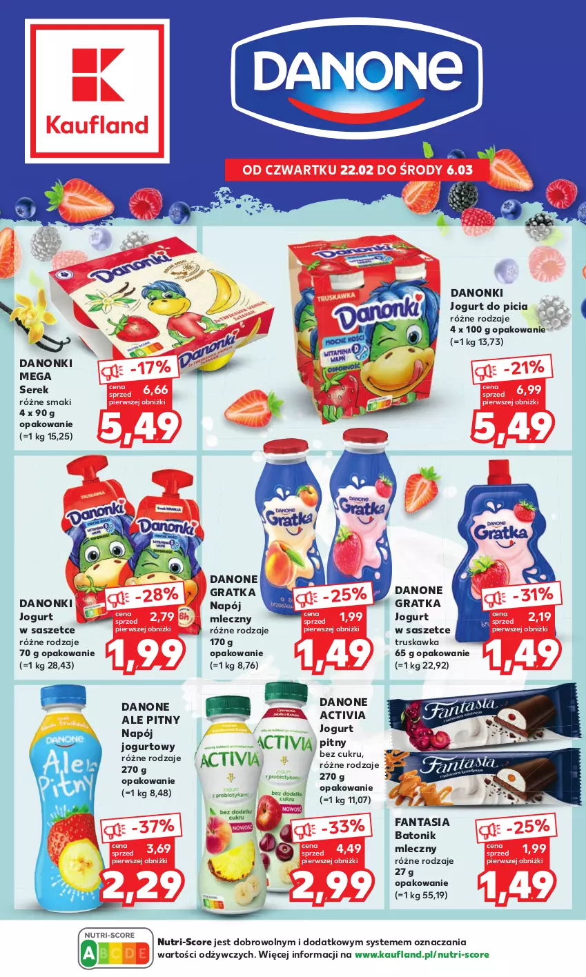 Gazetka promocyjna Kaufland - Kaufland - ważna 22.02 do 06.03.2024 - strona 1 - produkty: Activia, Baton, Danone, Danonki, Fa, Fanta, Gra, Jogurt, Jogurt pitny, Napój, Napój jogurtowy, Napój mleczny, Ser, Serek, Tonik