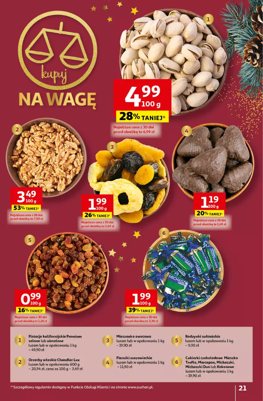 Gazetka promocyjna Auchan - Gazetka Magia Świąt Część 5 Hipermarket Auchan - ważna 14.12 do 23.12.2023 - strona 21 - produkty: Cukier, Cukierki, Cukierki czekoladowe, Kokos, Orzechy włoskie, Piernik, Pistacje, Rodzynki