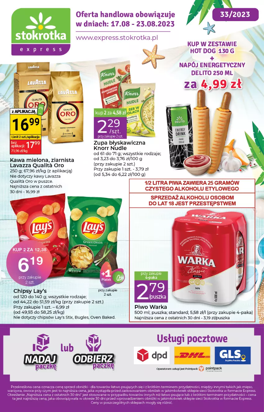 Gazetka promocyjna Stokrotka - Stokrotka Express - ważna 17.08 do 23.08.2023 - strona 1 - produkty: Anew, Chipsy, Fa, Hot dog, Kawa, Kawa mielona, Knorr, Lavazza, Napój, Napój energetyczny, Piwo, Warka, Zupa