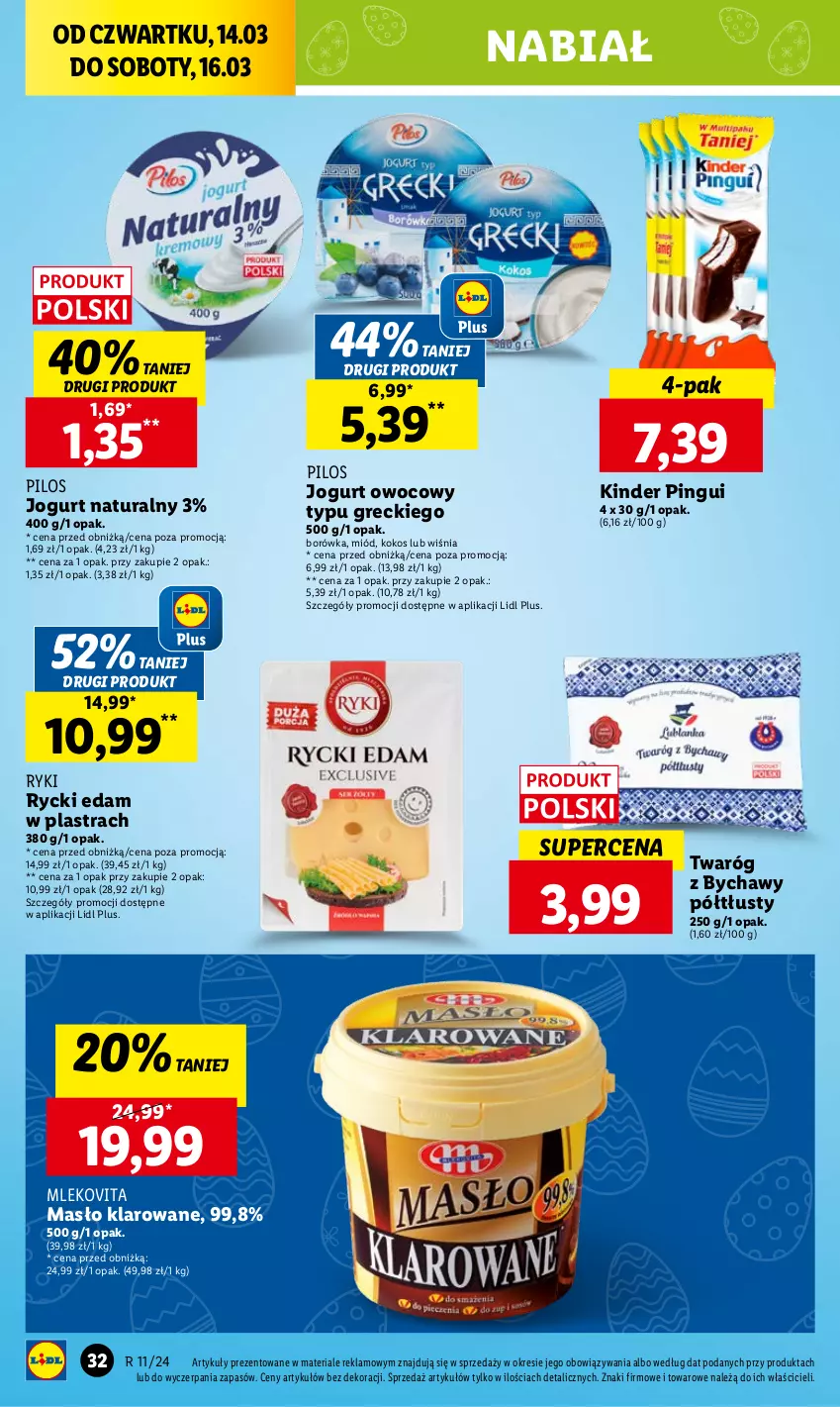 Gazetka promocyjna Lidl - GAZETKA - ważna 14.03 do 16.03.2024 - strona 34 - produkty: Borówka, Edam, Jogurt, Jogurt naturalny, Jogurt owocowy, Kinder, Kokos, Masło, Masło klarowane, Miód, Mleko, Mlekovita, Pilos, Rycki Edam, Twaróg