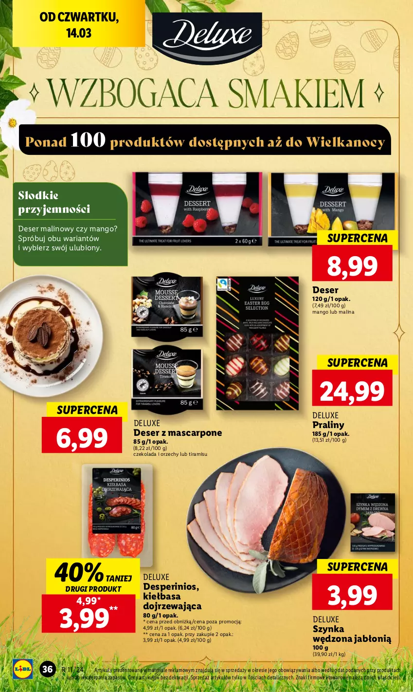 Gazetka promocyjna Lidl - GAZETKA - ważna 14.03 do 16.03.2024 - strona 40 - produkty: Czekolada, Deser, Kiełbasa, Mango, Mascarpone, Praliny, Ser, Szynka