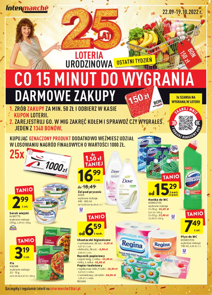 Gazetka promocyjna Intermarche - Gazetka Intermarche - ważna 13.10 do 19.10.2022 - strona 2 - produkty: Almette, Chusteczki, Domestos, Dove, Gin, Gra, Knorr, Kostka do wc, Papier, Papier toaletowy, Płyn do wc, Ręcznik, Rolki, Rum, Ser, Serek, Serek wiejski