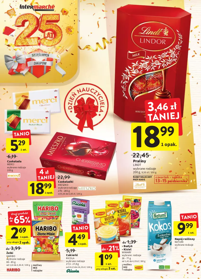 Gazetka promocyjna Intermarche - Gazetka Intermarche - ważna 13.10 do 19.10.2022 - strona 28 - produkty: Budyń, Cukier, Cukierki, Czekolada, Haribo, Kisiel, Lindt, Merci, Napój, Napój roślinny, Praliny, Winiary