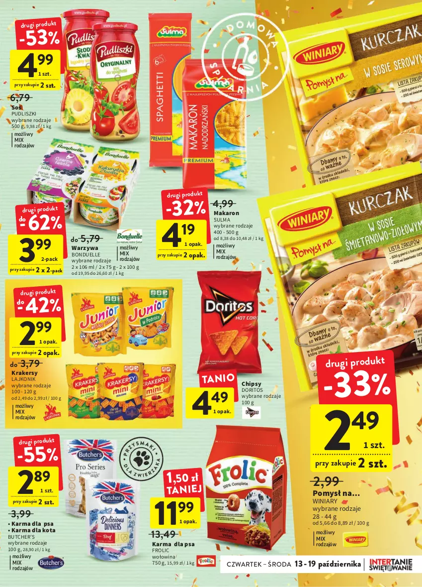 Gazetka promocyjna Intermarche - Gazetka Intermarche - ważna 13.10 do 19.10.2022 - strona 29 - produkty: Bonduelle, Chipsy, Krakersy, Lajkonik, Makaron, Pudliszki, Sos, Warzywa, Winiary, Wołowina