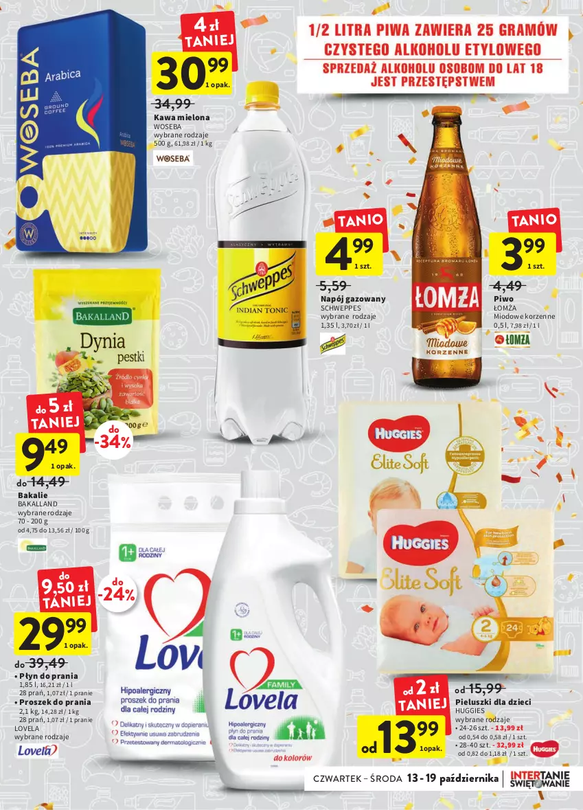 Gazetka promocyjna Intermarche - Gazetka Intermarche - ważna 13.10 do 19.10.2022 - strona 7 - produkty: Bakalland, Dzieci, Huggies, Kawa, Kawa mielona, Lovela, Napój, Napój gazowany, Piwo, Płyn do prania, Proszek do prania, Schweppes, Woseba